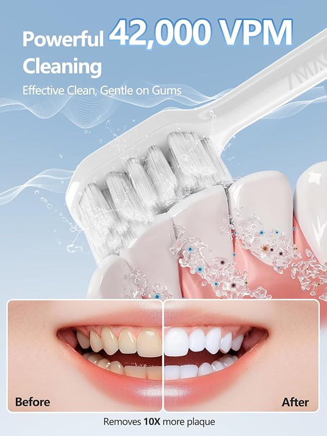7MAGIC Sonic Electric Toothbrush for Adults and Kids - Up to 180 Days Runtime 42000 VPM Powered Toothbrush 5 Modes &amp 3 Intensities for Sensitive Teeth &amp Braces Includes 8 Brush Heads White