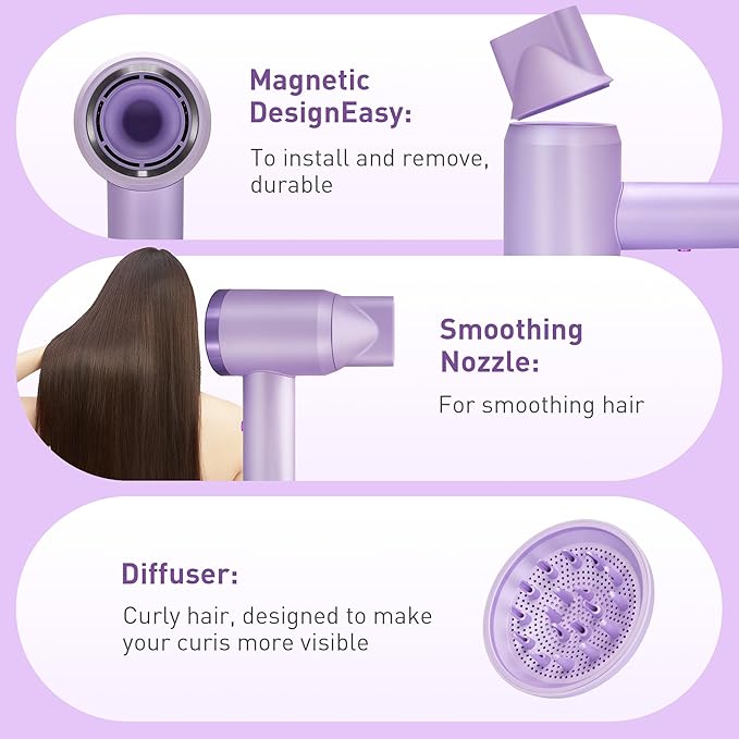 Hair Dryer High Speed Fast Drying Negative Ionic Portable Blow Dryer with 110000 RPM Brushless Motor Lightweight Low Noise Thermo-Control Hairdryer with Nozzle for Home (Royal Purple)