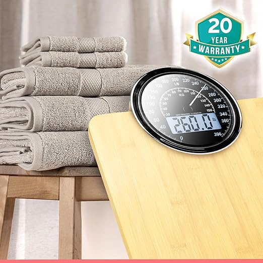 Adamson Hybrid 2-in-1 Analog &amp Digital Weighing Scale for Body Weight up to 400lbs - Thick Tempered Glass - Extra Large Display - Easy to Read Digital Bathroom Scale - Wood with White Backlight