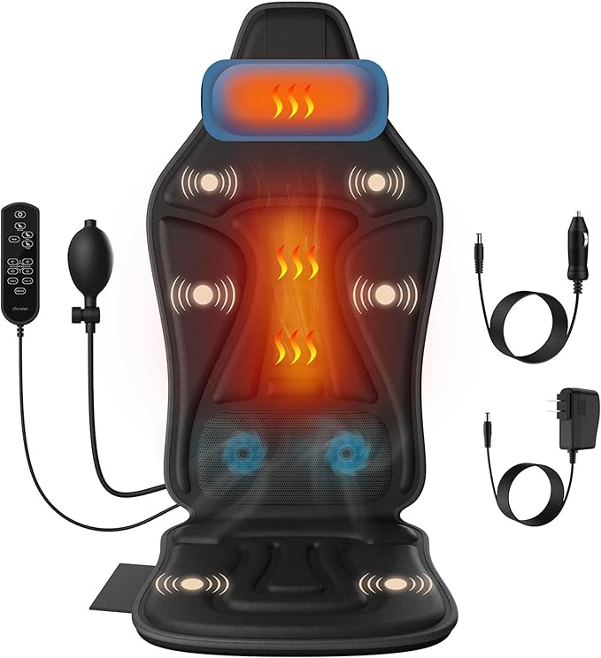 Massage Seat Cushion with Heat Adjustable Neck Support Breathable Lumbar Comfort Gentle Vibration Back Massager for Office &amp Home Chair Relaxation Gift