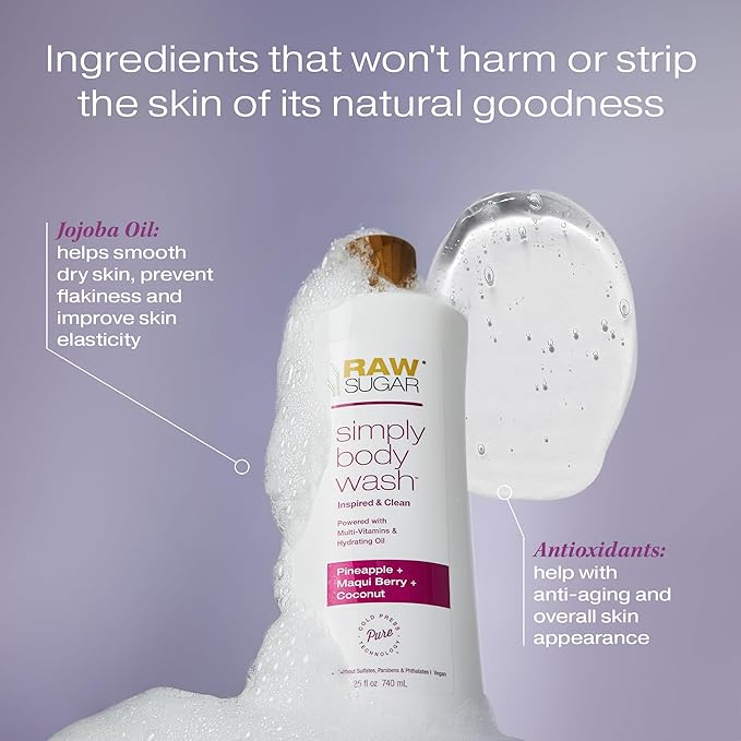 RAW SUGAR Simply Body Wash (25 Fl Oz Pack of 1) Bath Soap Formulated without Sulfates &amp Parabens (Pineapple + Maqui Berry + Coconut)