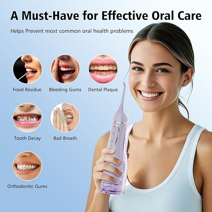 Leominor Water Dental Flosser Pick for Teeth 300ML Portable Oral Irrigator Upgraded Tank RemovableIPX7 Waterproof Rechargeable Travel Teeth Cleaner Professional Electric Flossing Machine(T-Purple)