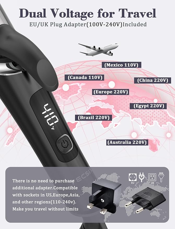 Travel Curling Iron 1 InchDual Voltage Curling Iron 110-240V with European PlugSmall Curling Wand for Women &amp Short Hair 5 Temp Digital Settings Auto-Off Anti-Scald CoverHeat-Resistant pad(G