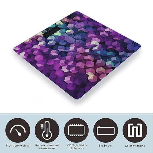 Abstract Color Cubes Purple Scale for Body Weight Safe Rounded Corners Tempered Glass Digital Bathroom Scale LED Display 400lb Capacity Weight Scales with High Precision Sensors