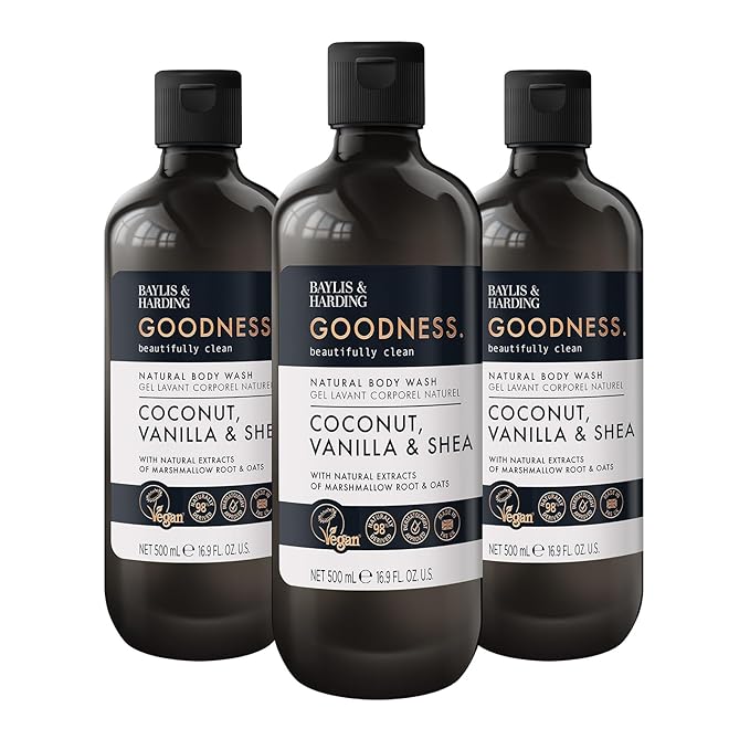 Baylis &amp Harding Goodness Coconut Vanilla &amp Shea Natural Body Wash 16.9Fl.oz Pack of 3 - Biodegradable Formula