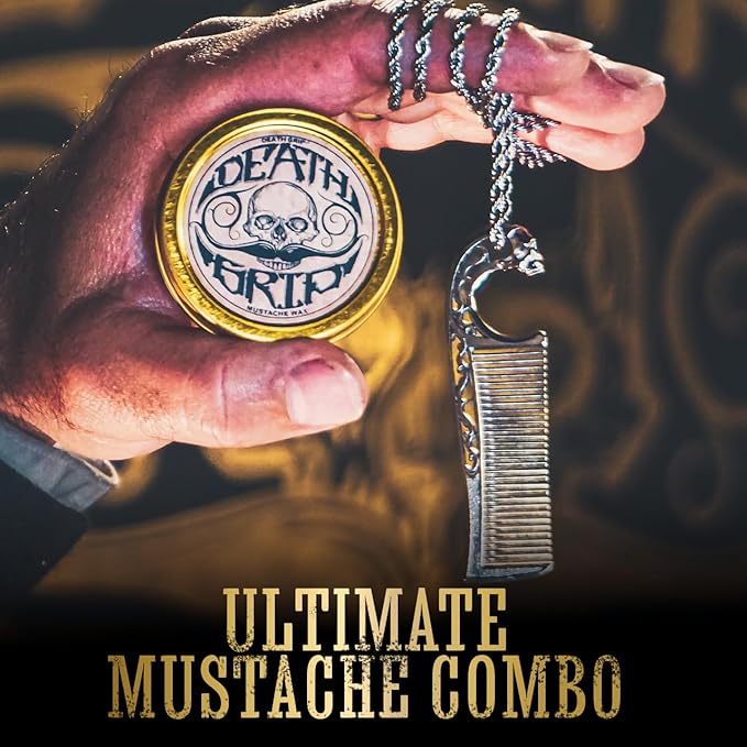 Mustache Wax Extra Strong Hold Death Grip 1 oz Tin &amp Necklace Death Grip Mustache Comb Mens Combo Kit - Grooming For Men Handlebar Moustache