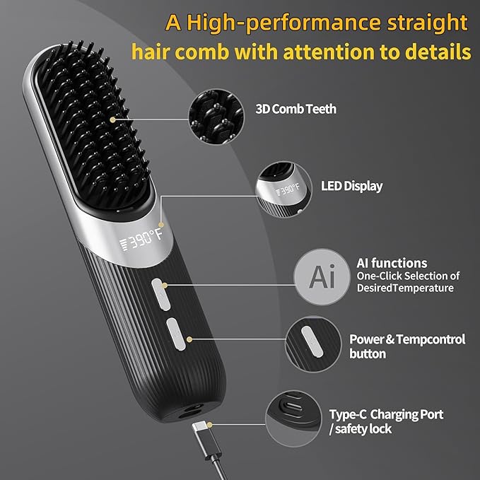 2-in-1 Cordless Hair Styling Brush &amp Straightener - Smart with 4 Temperature Settings Fast 30-Second Heating USB Rechargeable Travel Flat Iron with Pouch Ceramic Plates (Black)