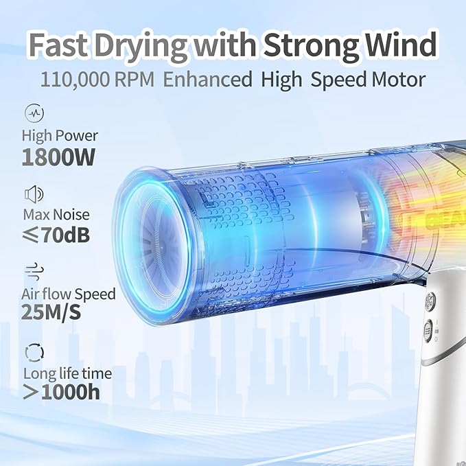 AIKO PRO Salon Ionic Hair Dryer 1800W High-Speed Foldable Travel Blow Dryer Brushless Motor for Fast Drying &amp Frizz Control 3 Temps &amp 3 Speeds Lightweight Portable &amp Quiet with 3 Magn