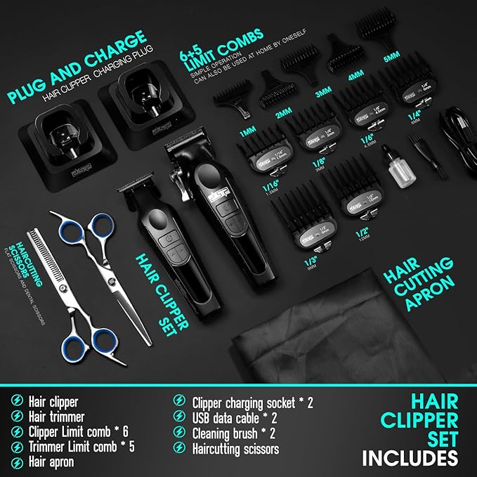 DSP Professional Hair Clippers Set for Men Cordless Barber Clipper Beard Trimmer DLC USB Rechargeable Speeds Adjustable Travel Lock Low Noise with Charging Base