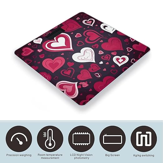 Happy Valentine's Day Bathroom Scale Automatic Power On/Off Body Scales LCD Backlight Display Square Digital Scale Rounded Corners Bathroom Scales for Home Bedrooms