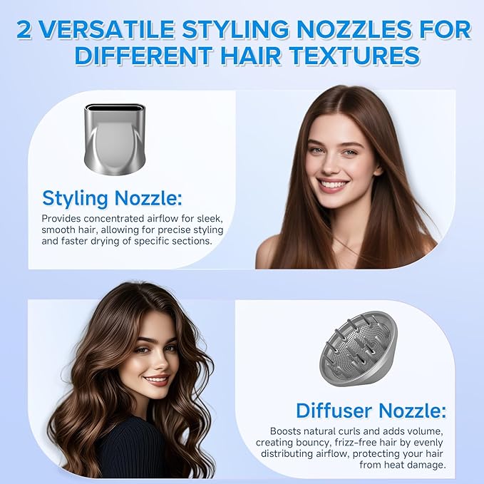 Hair Dryer 150000 RPM Brushless Motor Ultra-Fast Drying with 3 Heat Settings &amp LED Lights High-Speed Ionic Blow Dryer Low Noise Lightweight with Diffuser &amp Nozzle for Home Salon Travel