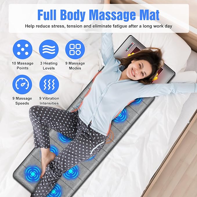 Full Body Massage Mat with HeatElectric Massage Pad with Shiatsu Neck Back Massage PillowMassage Mattress Chair Pad W/ 10 Vibration Motors 3 Heating Levels for NeckBack&ampFull Body Pain Relief