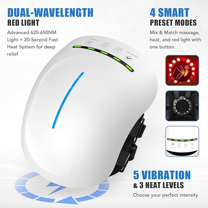 Knee Massager for Pain Relief with Heat and Red Light 5 Vibration Modes &amp 3 Heating Levels 4 Smart Modes 6 Silicone Kneading Nodes Ideal Gift for Men Women &amp Parents White