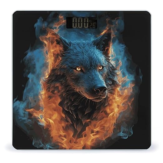 Wolf Head in Blue Flames Bathroom Scale for Body Weight Bathroom Weighing Scale with Backlit LCD Display Highly Accurate Measures Weight Up to 180kg