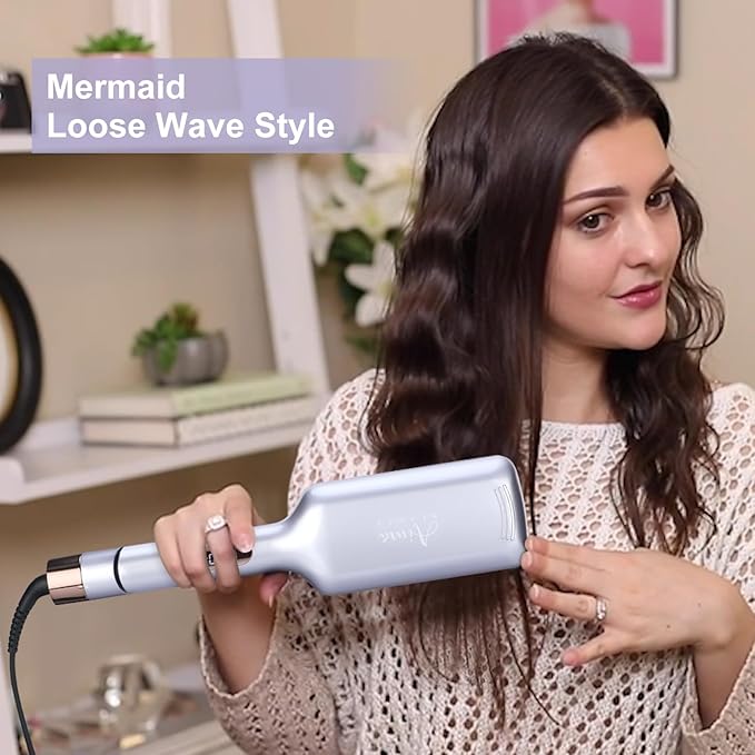 32mm (1.25) Aima Beauty Twins Mermaid Hair WaverAnti-Scald Hair CrimperBeach Wave Curling IronCurling Wand 2 Barrel (Purple) 15S Heats Up for Short/Medium/Long Hair