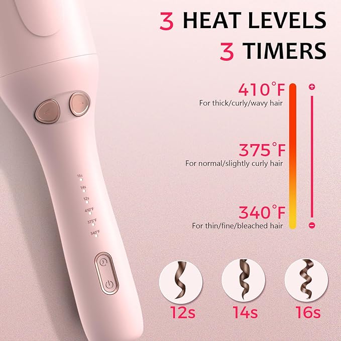 Ufree Automatic Rotating Curling Iron 1 Inch Ceramic Curling Wand 1-Click Hair Curler with 3 Heat &amp Timers Anti-Scald Design 1M Ionic Care Dual Voltage for Travel Beach Waves Rose Gold