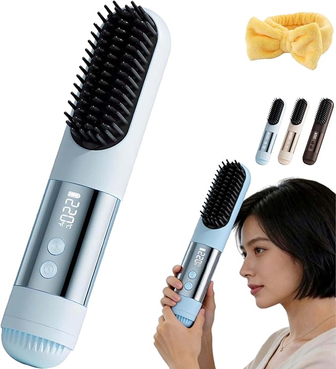 2026 Portable Straightener Brush for Short HairShort Hair Styling ToolsUSB Rechargeable Portable Wireless Hair Straightening Brush3 Heat Settings &amp Led Screen for Travel (Blue)