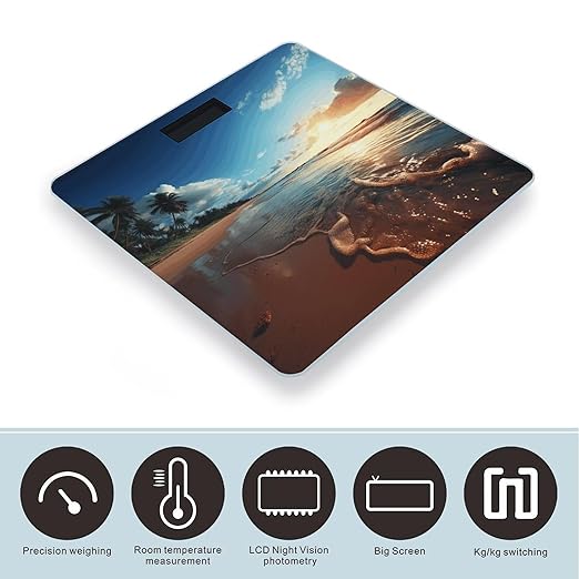Beach Sunset Tranquil Digital Bathroom Scale for Body Weight Weighing Scale with Backlit LCD Display High Precision Measurements &amp Measures Weight Up to 180kg