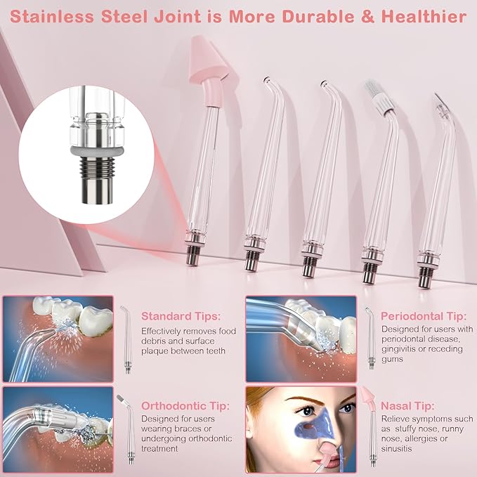 Water Dental Flosser for Teeth Cleaning and Flossing with Travel Size Case – Rechargeable Oral Irrigator KOOVON Portable Water Flosser for Adults IPX7 Waterproof 5 Jet Tips &amp 4 Modes Pink