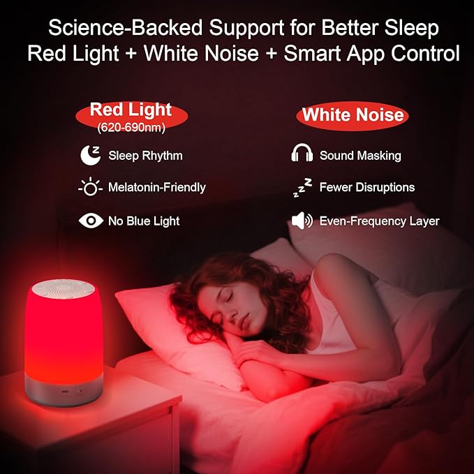 Red Light Sleep Sound Machine – Night Light for Bedroom with 5-Level Red Light Therapy (620–690nm) 32 White Noise &amp Nature Sounds Smart App Control Timer &amp Wake-Up Alarm Clock