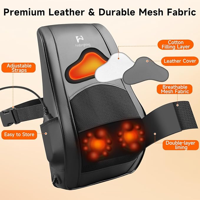 Firebrighting Electric Back Massager with Heat for Office Chair - Shiatsu Deep Kneading Massage Pillow Back Comfort Support for Meetings and Reading Adjustable StrapGifts for Dad Mom Men Women