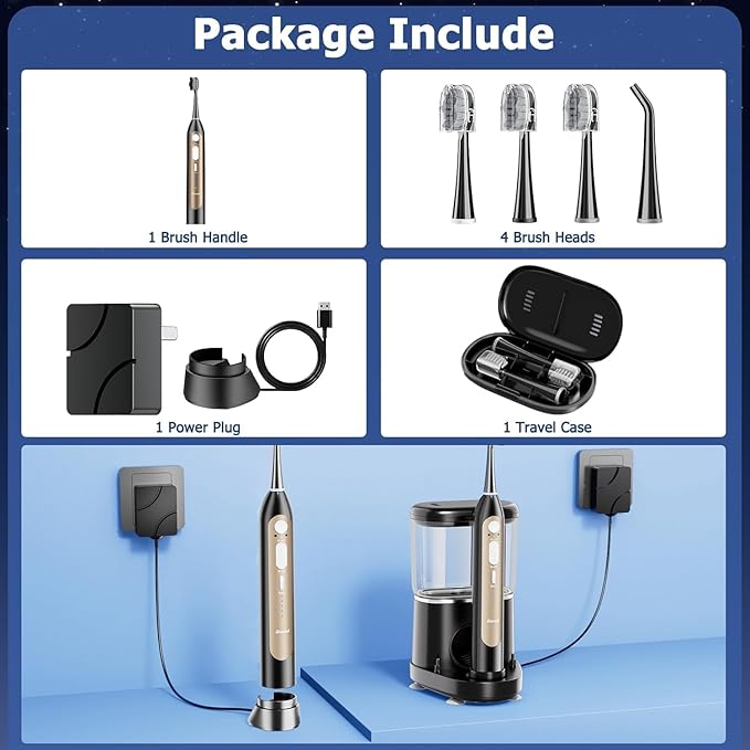 Electric Toothbrush with Water Flosser Upgraded 2.0 Electric Toothbrush for Adults 5 Floss Speeds &amp 3 Modes with 3 Brush + 1 Nozzle 500ML Tank IPX7 Waterproof for Braces &amp Gum Care (Black