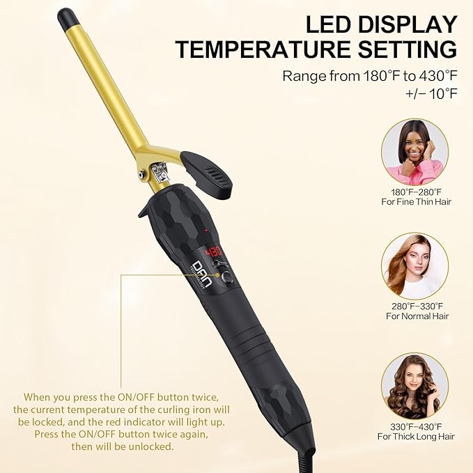 DAN Technology 3/8 Inch Tiny Curling Wand for Tight Spiral Curls Tourmaline Ceramic Small Barrel Hair Curler with LCD Display (180°F–430°F) Fast Heating Dual Voltage Auto Shut-Off Black &amp Gol