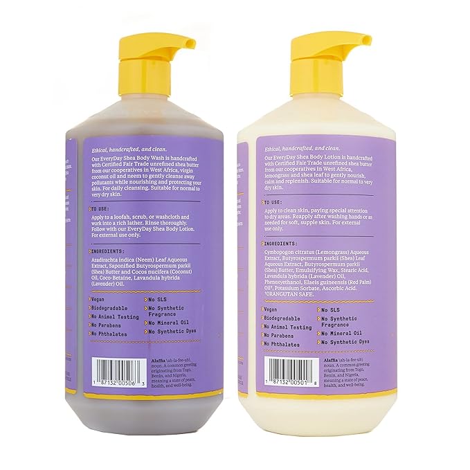 Alaffia Everyday Shea Body Lotion and Body Wash Bundle - Normal to Very Dry Skin Moisturizes and Cleanses Soft and Supple Skin with Shea Butter Lemongrass Neem and Coconut Oil Lavender 32 Oz Each