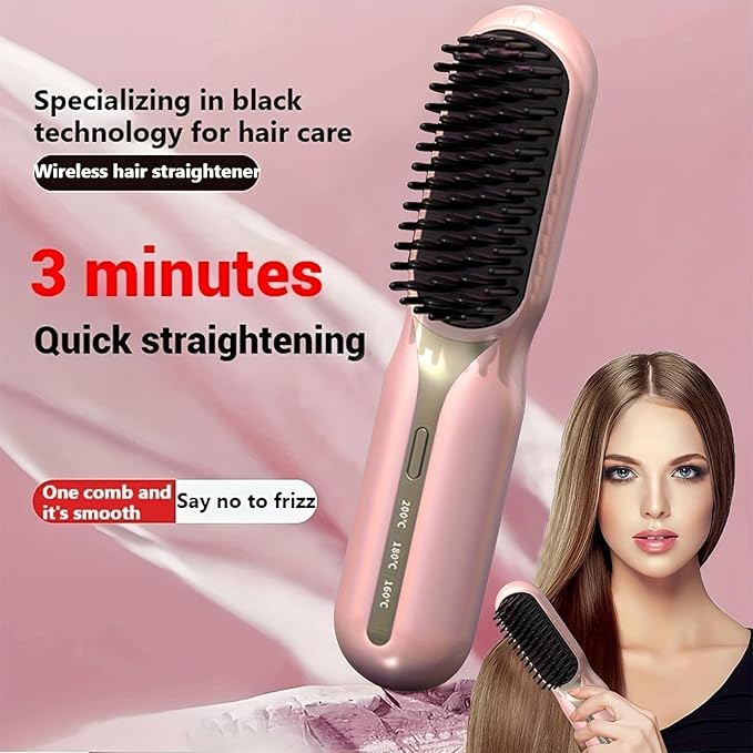 Cordless Hair Straightener and Curler 2-in-1 Plasma Technique Portable Ceramic Hair Straightening Brush 3 Temp Settings Fast Heating Mini Straightening Brush Travel/Business Gift for Women