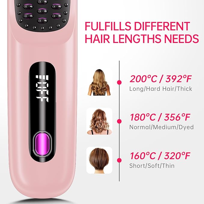 Cordless Hair Straightener Brush for Travel 200 Million Negative Ionic Portable Hair Straightener Comb for Women with LED Display &amp 3 Temps 30s Fast Heating USB Charging Smooth Frizz(Pink