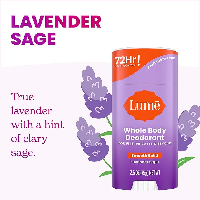 Lume Whole Body Deodorant - Smooth Solid Stick - 72 Hour Odor Control - Aluminum Free Baking Soda Free and Skin Safe - 2.6 Ounce (Pack of 2) (Lavender Sage)