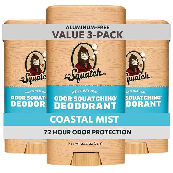 Dr. Squatch Natural Men’s Deodorant – Aluminum Free Natural Deodorant Men with Charcoal &amp Postbiotics for 72-Hour Odor Protection – Coastal Mist 2.65oz Stick (3-Pack)
