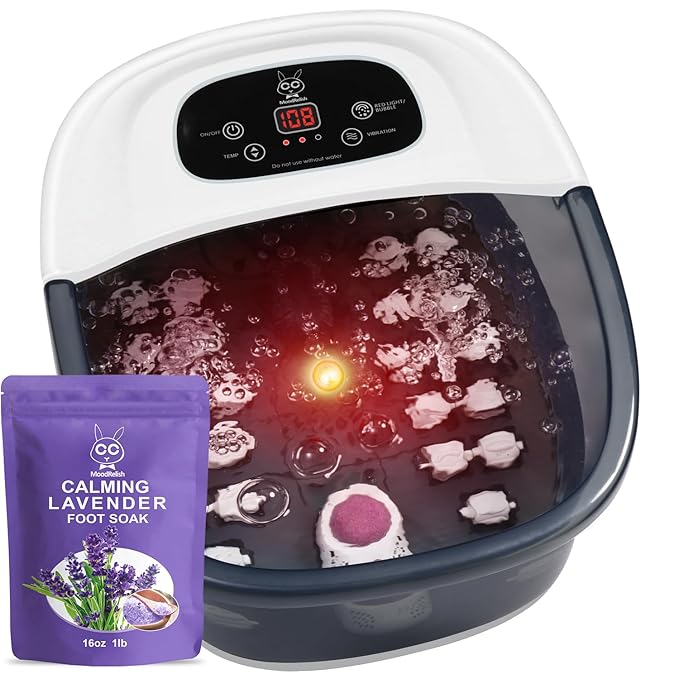 Foot Spa Bath Massager with Heat Bubbles and Vibration Massage and Jets 16 OZ Calming Lavender Foot Soak Epsom Salt Foot Soaker with Red Light 22 Massage Rollers Adjustable Temp - Grey