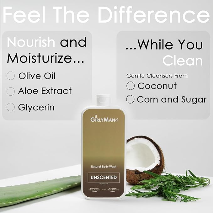 GirlyMan Natural Body Wash - Made with Olive Oil &amp Aloe Extract No Artificial Fragrance PH Balanced Gentle Formula Nourishing Ingredients Family Owned (Unscented)