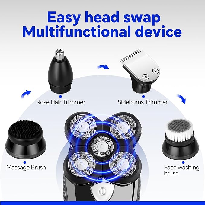 Bald Head ShaverElectric Head Shavers for Bald Men 5-in-1 Head and Face Grooming Kit Waterproof Cordless Rotary Razor and USB RechargeableGifts for Men