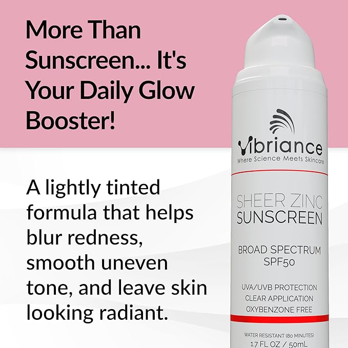 Vibriance Sheer Zinc Sunscreen - Tinted Sunscreen for Face SPF 50 Lightweight Facial Moisturizer with Niacinamide Hyaluronic Acid - 1.7 fl oz