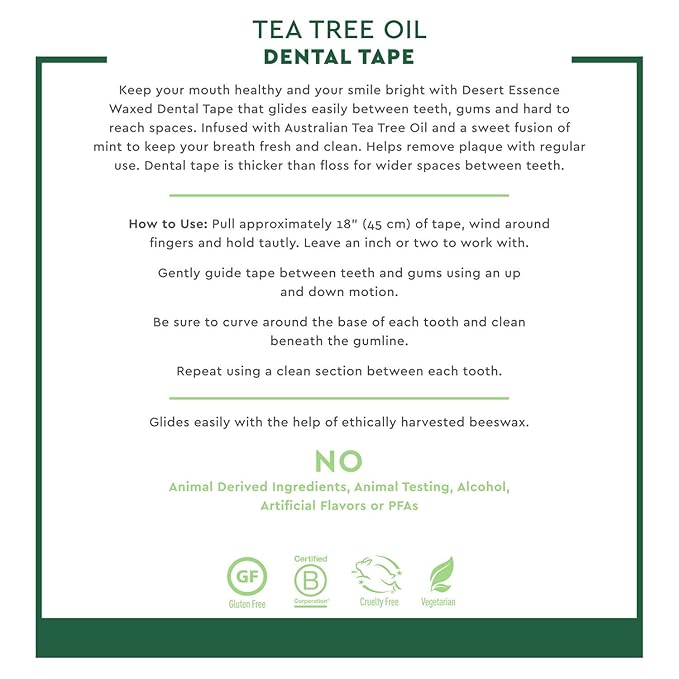 Desert Essence Tea Tree Oil Dental Tape - 30 Yards - Pack of 24 - Naturally Waxed w/ Beeswax - Thick Flossing No Shred Tape - On The Go - Removes Food Debris Buildup - Cruelty-Free Antiseptic