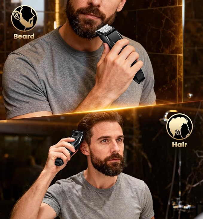 Men's Beard Trimmer-All-in-One Mustache Trimmer with 20 Length Adjustable Stainless Steel T-Blade for Precision Facial Hair Trimming Cordless IPX7 Waterproof Wet/Dry ClipperLED Display