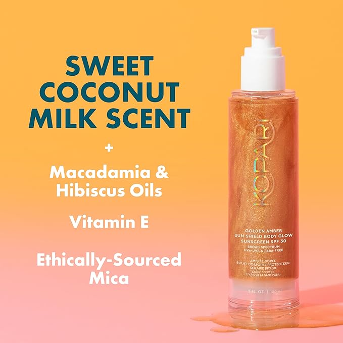Kopari Sun Shield Body Glow Broad Spectrum SPF 30 Lightweight Shimmering Gel Texture Absorbs Quickly Non Sticky Glowing Results Golden Amber 5 oz