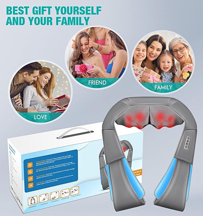 Shiatsu Neck and Back Massager with Heat Deep Tissue 4D Kneading Massage Pillow for Neck Back Shoulder Leg Body Muscle Pain Relief Use at Home Office Car