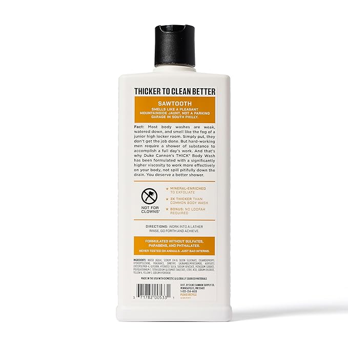 Duke Cannon Supply Co. Thick High Viscosity Body Wash - 3X Thicker Plant-Based Mineral-Enriched Body Wash for Men - Mens Body Scrub - Sawtooth Bourbon Midnight Swim &amp Superior