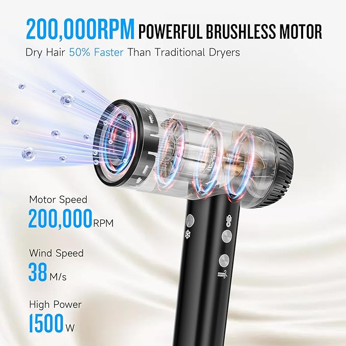 2026 Hair Dryer 200000 RPM Professional High Speed Blow Dryer with Diffuser for Women 1200M Negative Ionic Hair Dryer with Brushless Motor Low Noise Hair Blow Dryer for Home Travel Salon Black