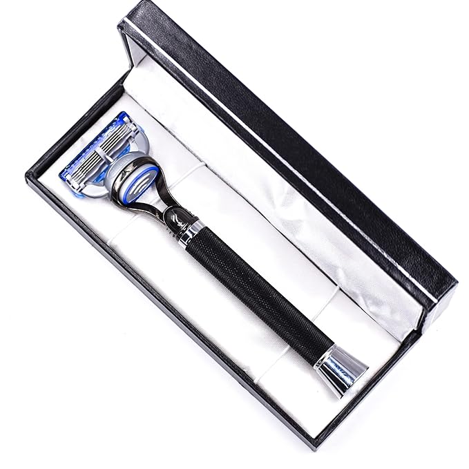 Parker Deluxe Black Fusion-Compatible Razor – 6″ Heavyweight Textured Handle + Free Gillette® Fusion Blade – Premium Men’s Shaving Tool