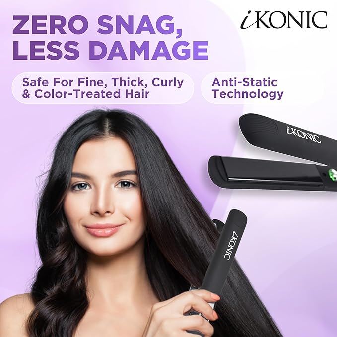 IKonic 100% Tourmaline Ceramic Hair Straightener &amp Curler– Anti-Static Infrared Ionic 2-in-1 Dual Voltage Flat Iron –1” Floating Plates Adjustable Temp 140–450°F Frizz-Free &amp Fast Heat Hair