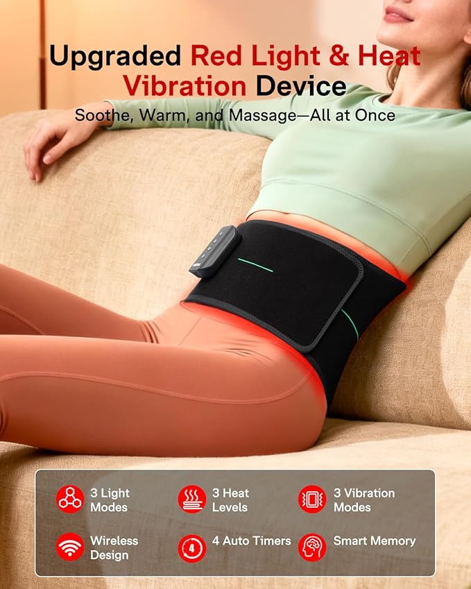 Medisana 3-in-1 Red Light Therapy Belt Cordless &amp Portable Infrared Red Light Therapy for Body with Red Light/Pulse/Heat/Vibration - 660nm/850nm for Back Pain Relief (Regular)
