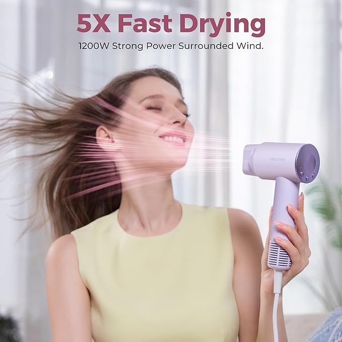 Dual Voltage Hair Dryer for Worldwide Travel High-Speed Blow Dryer for 5X Faster Drying 200M Negative Ions 0.69lb Portable Travel Hair Dryer for Salon Results at Home &amp Abroad S4AT (Purple)
