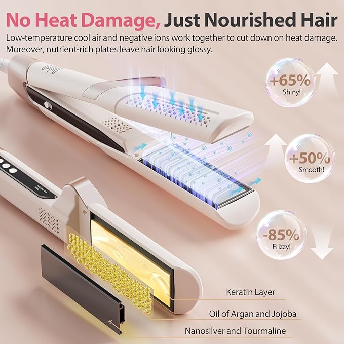 Upgraded Hair Air Straightener Quico Dual Voltage High-Speed Airflow 2 in 1 Straightener and Curler Travel Airstraight 5 Temps Ionic Care Flat Iron Hair Straightener 100-240V No Heat Damage Pink
