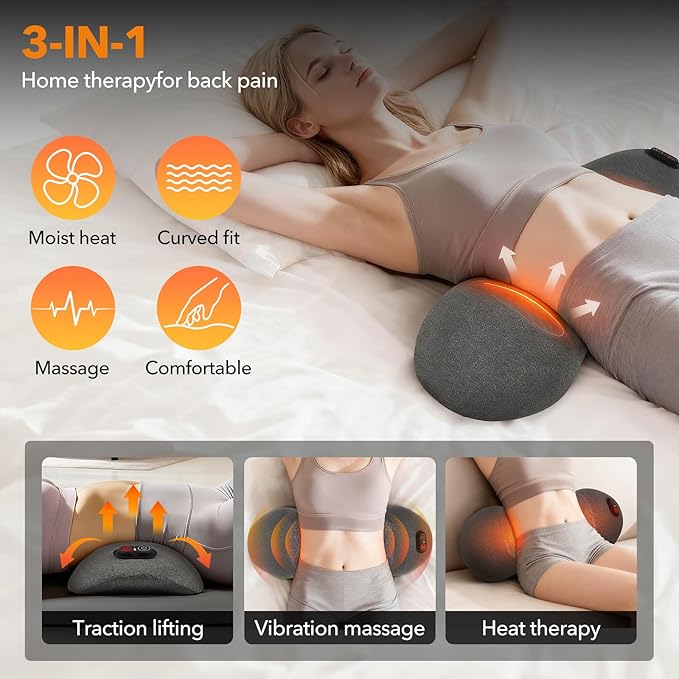 3-in-1 Electric Lumbar Support Pillow for Bed and Chair Smooth Spine Triple Fusion Back Massager with Heated Vibration and Traction for Lower Back Pain Relief and Spine Support