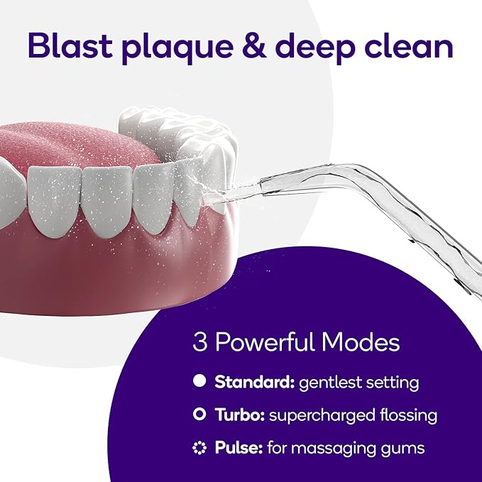 BURST Electric Water Flosser for Teeth Cleaning (3 Modes/White) | Cordless | Plaque Removal Between Braces &amp Dental Work | Portable Floss | Refillable 110mL Tank