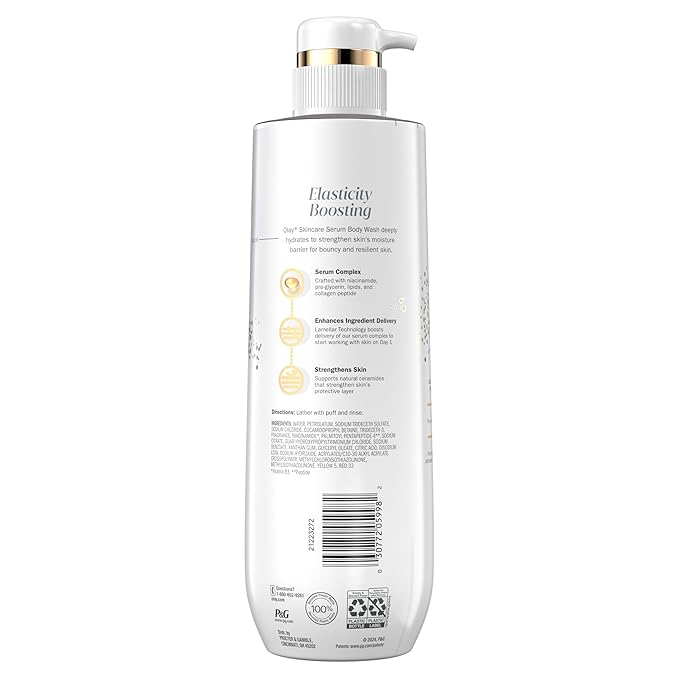 Olay Body Wash for Women Elasticity Boosting Collagen Peptide Serum Complex Renews Moisture Free of Parabens &amp Phthalates Vitamin B3 Lameller Technology For All Skin Types 20 fl oz (Pack of